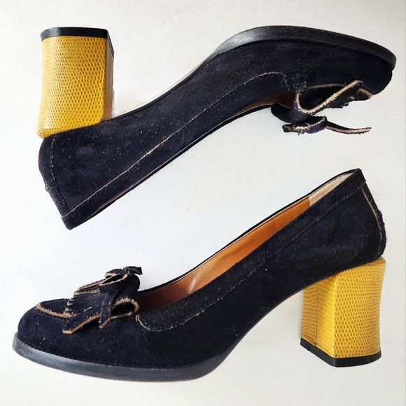 Fendi Austen Black Suede Leather Loafer Pumps, Slip-On W/Stacked Yellow Heel 37 - Picture 8 of 16